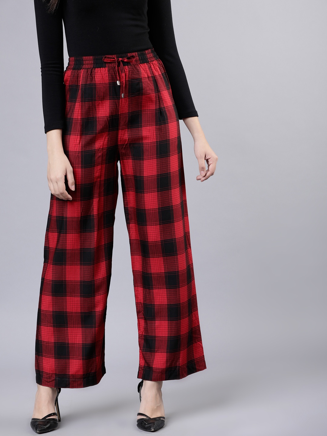 

Tokyo Talkies Women Red & Black Regular Fit Checked Parallel Trousers