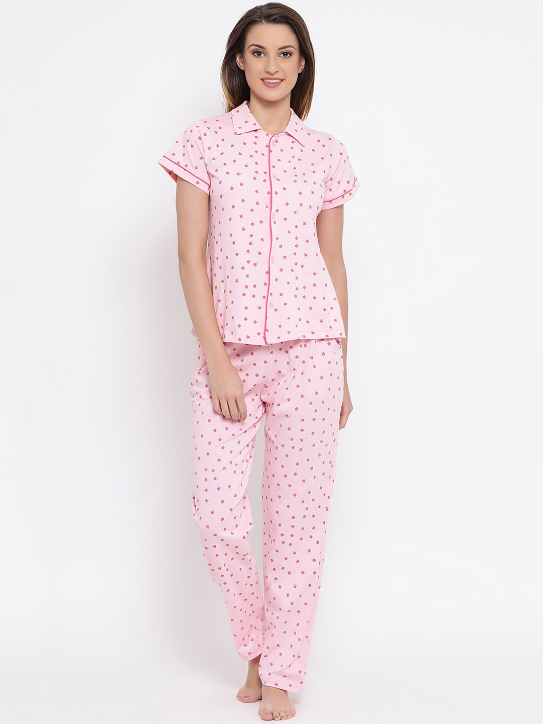 Clovia Women Pink Printed Night suit LS0025P22