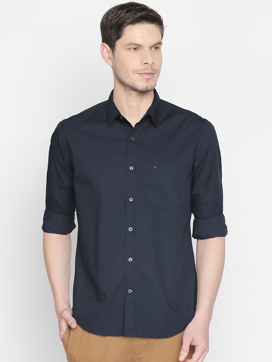 

Basics Men Navy Blue Slim Fit Solid Casual Shirt