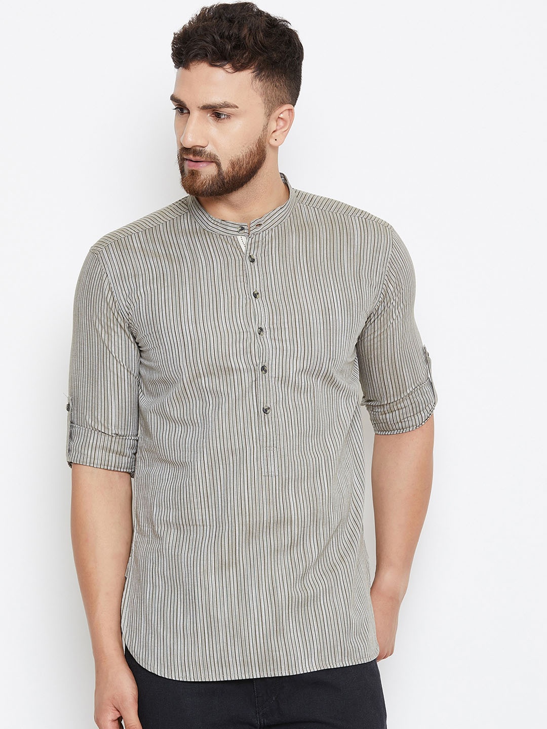 

even Men Green Striped Straight Kurta