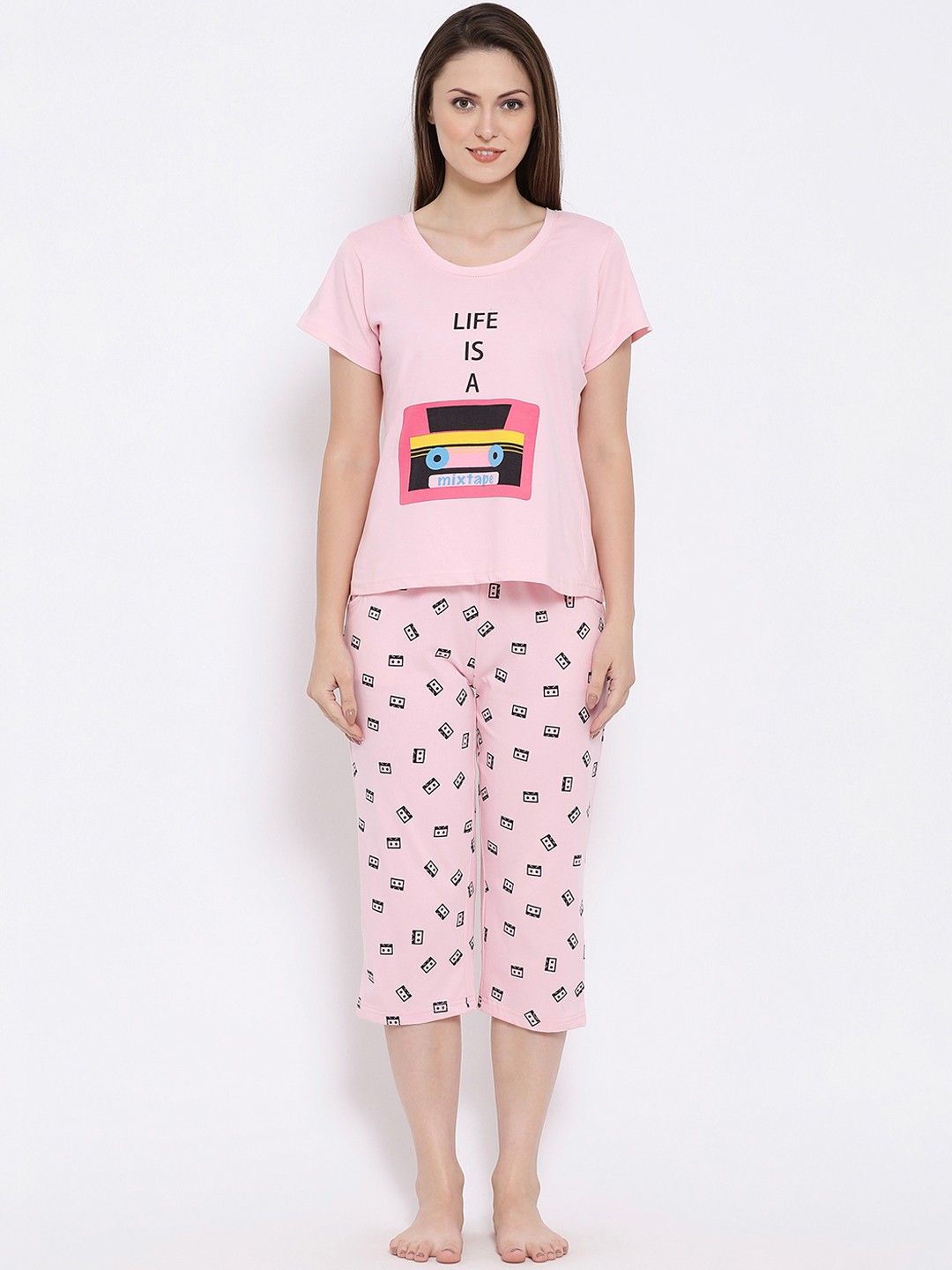 

Clovia Women Pink Printed Night suit LS0422R22