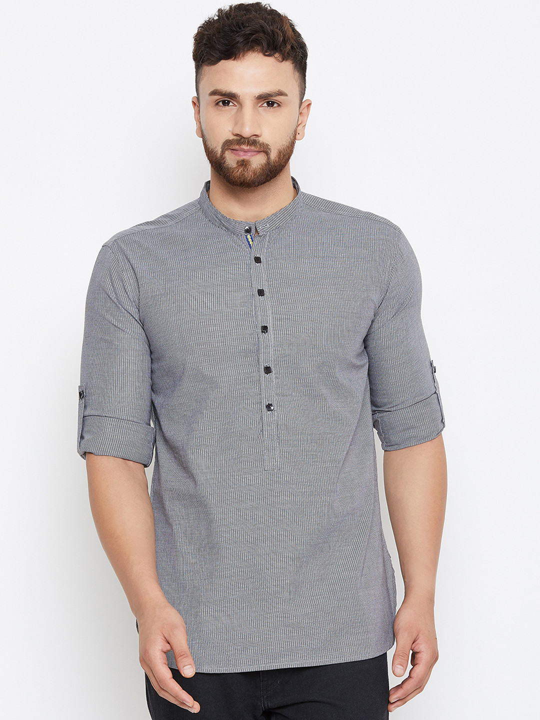 

even Men Grey Striped Straight Kurta