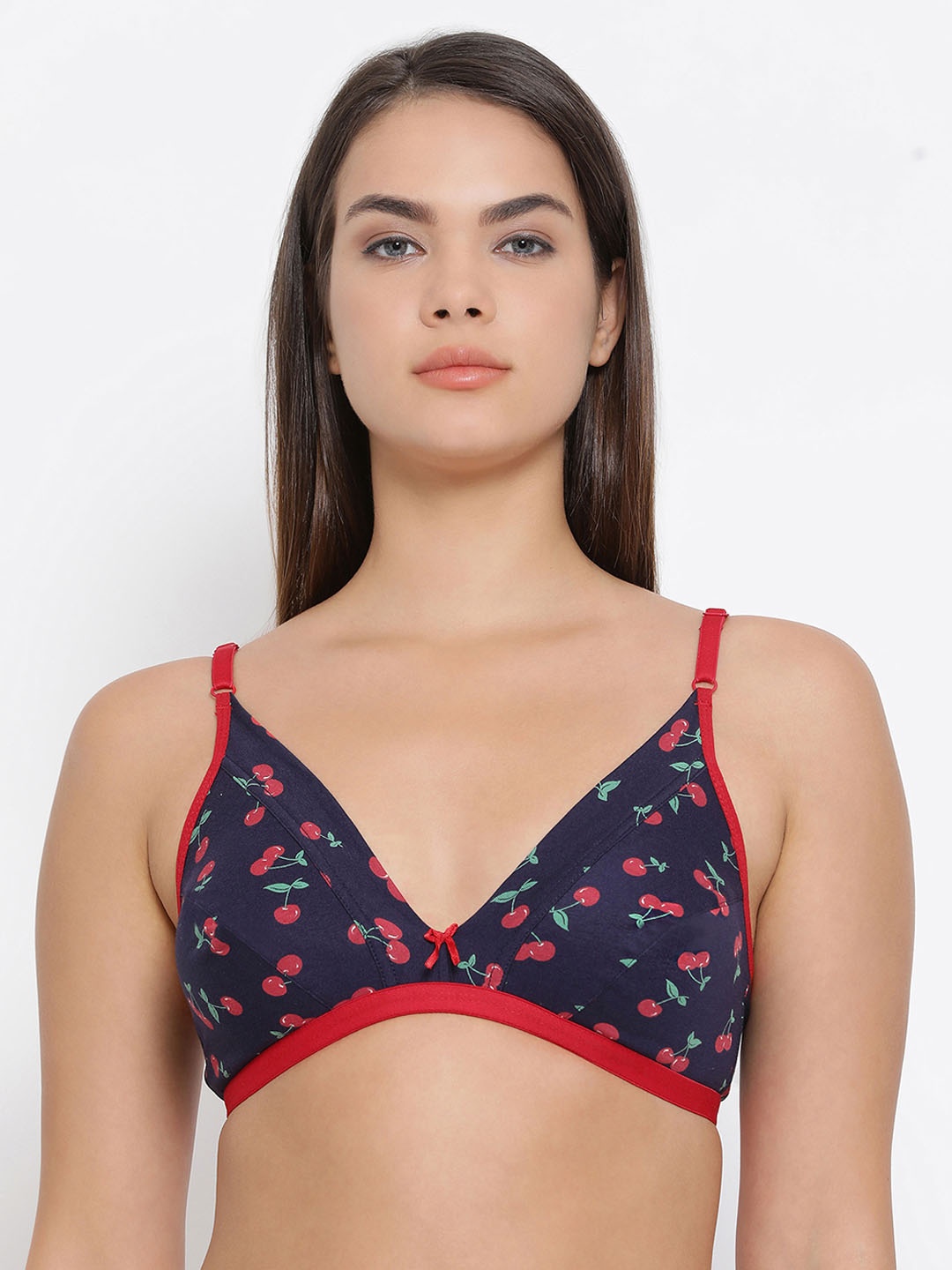 

Clovia Cotton Rich Cherry Print Non-Padded Non-Wired Bra, Navy blue