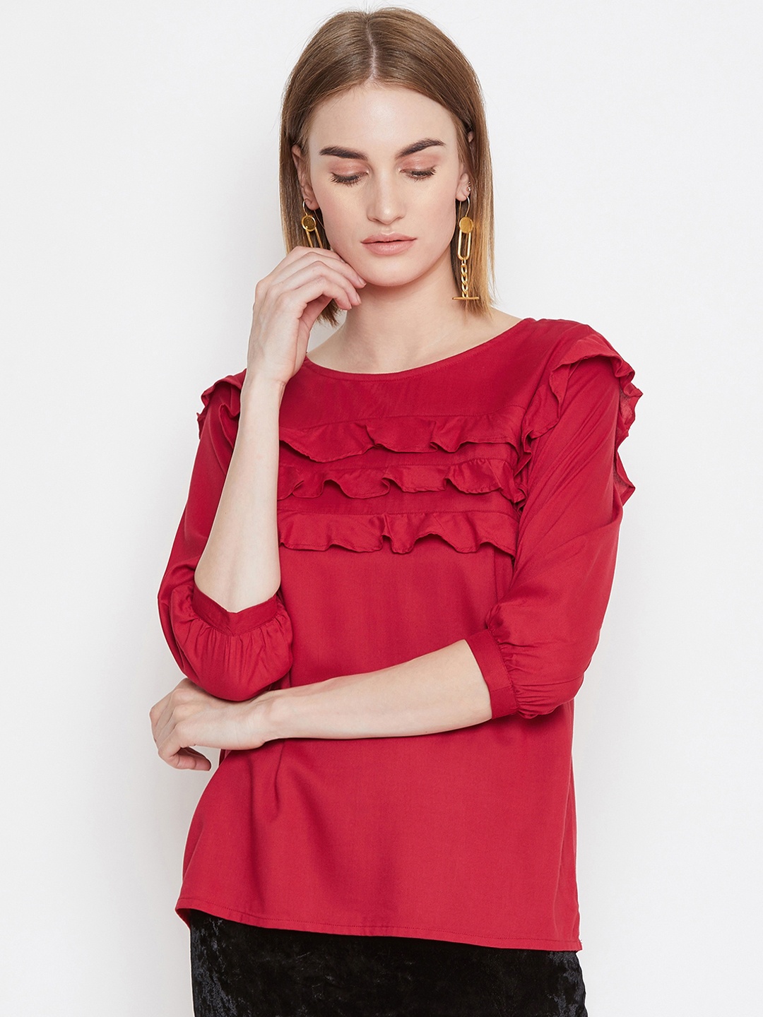 

PURYS Women Maroon Solid Top