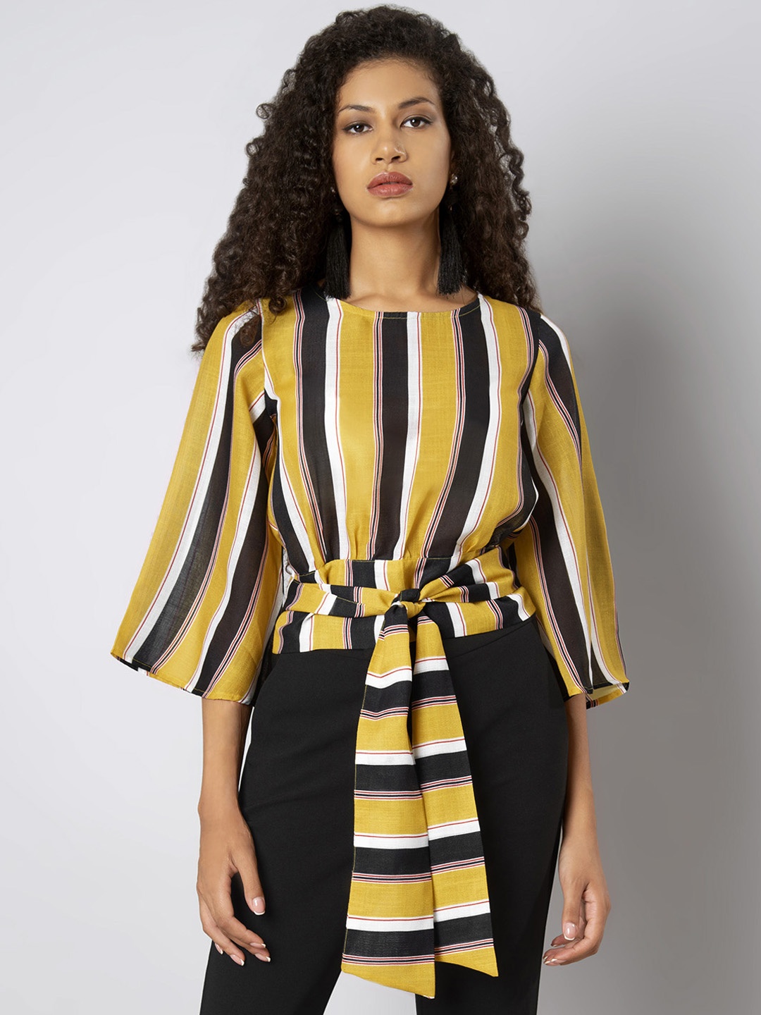 

FabAlley Women Yellow & Black Striped Cinched Waist Top