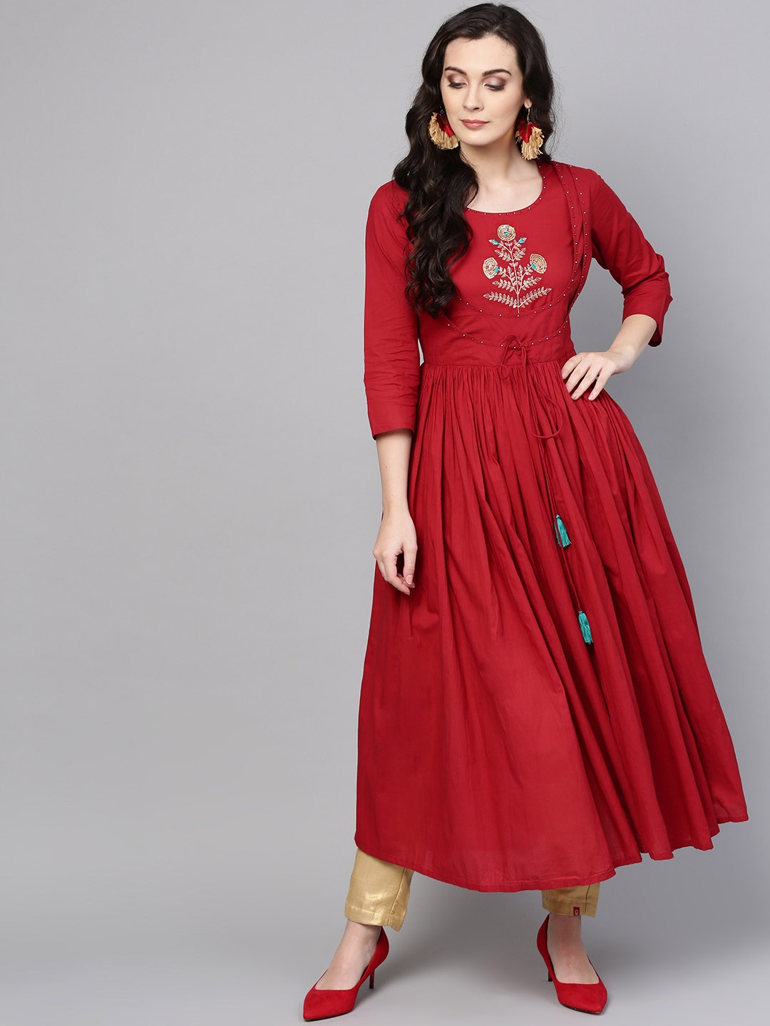 

Varanga Women Maroon Embroidered A-Line Kurta