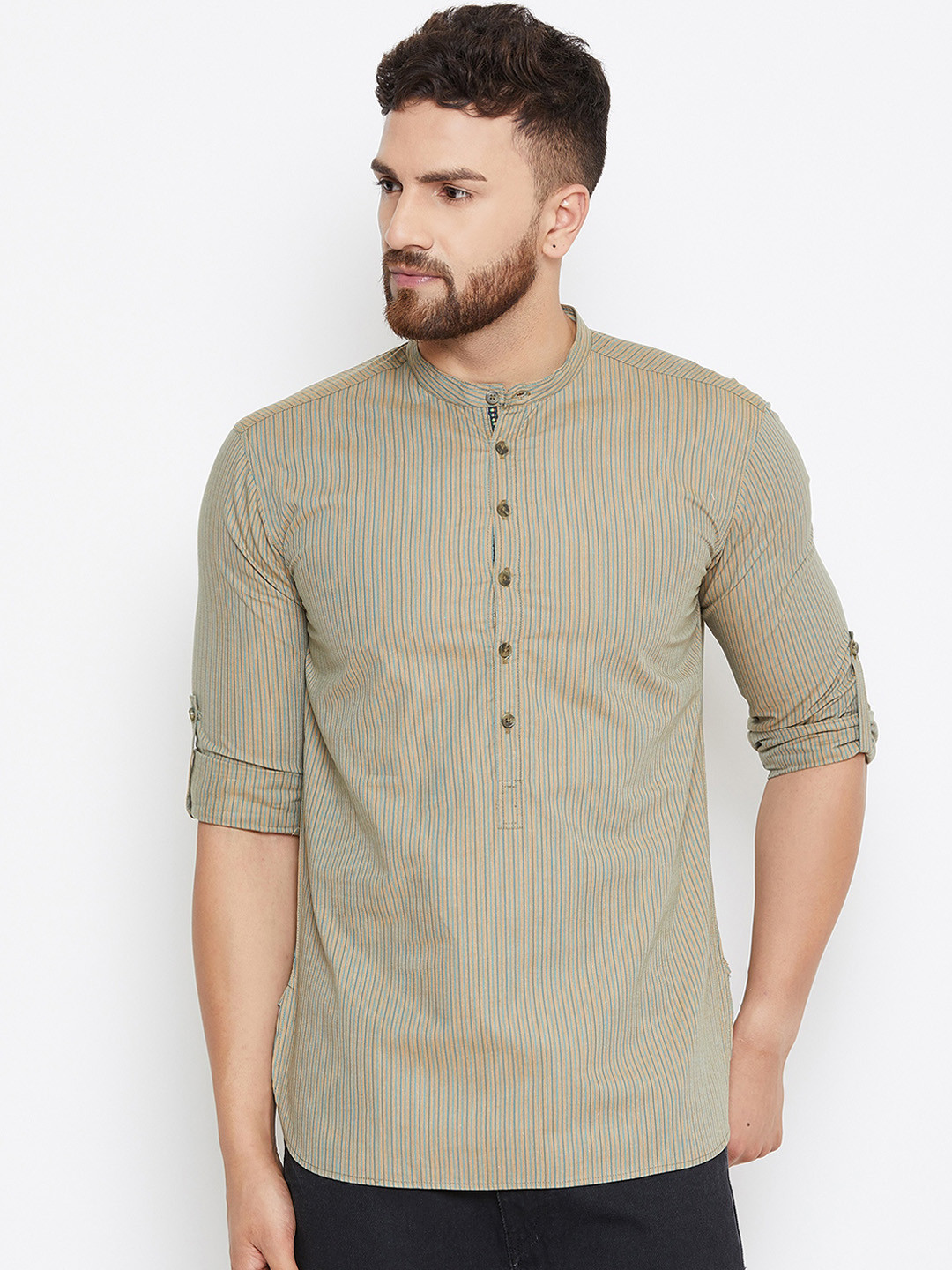 

even Men Green Striped Straight Kurta