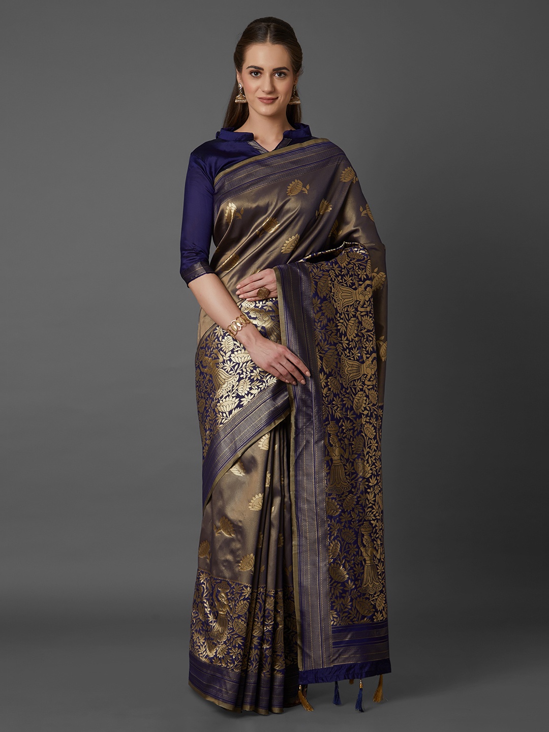 

Mitera Navy Blue Silk Blend Woven Design Kanjeevaram Saree
