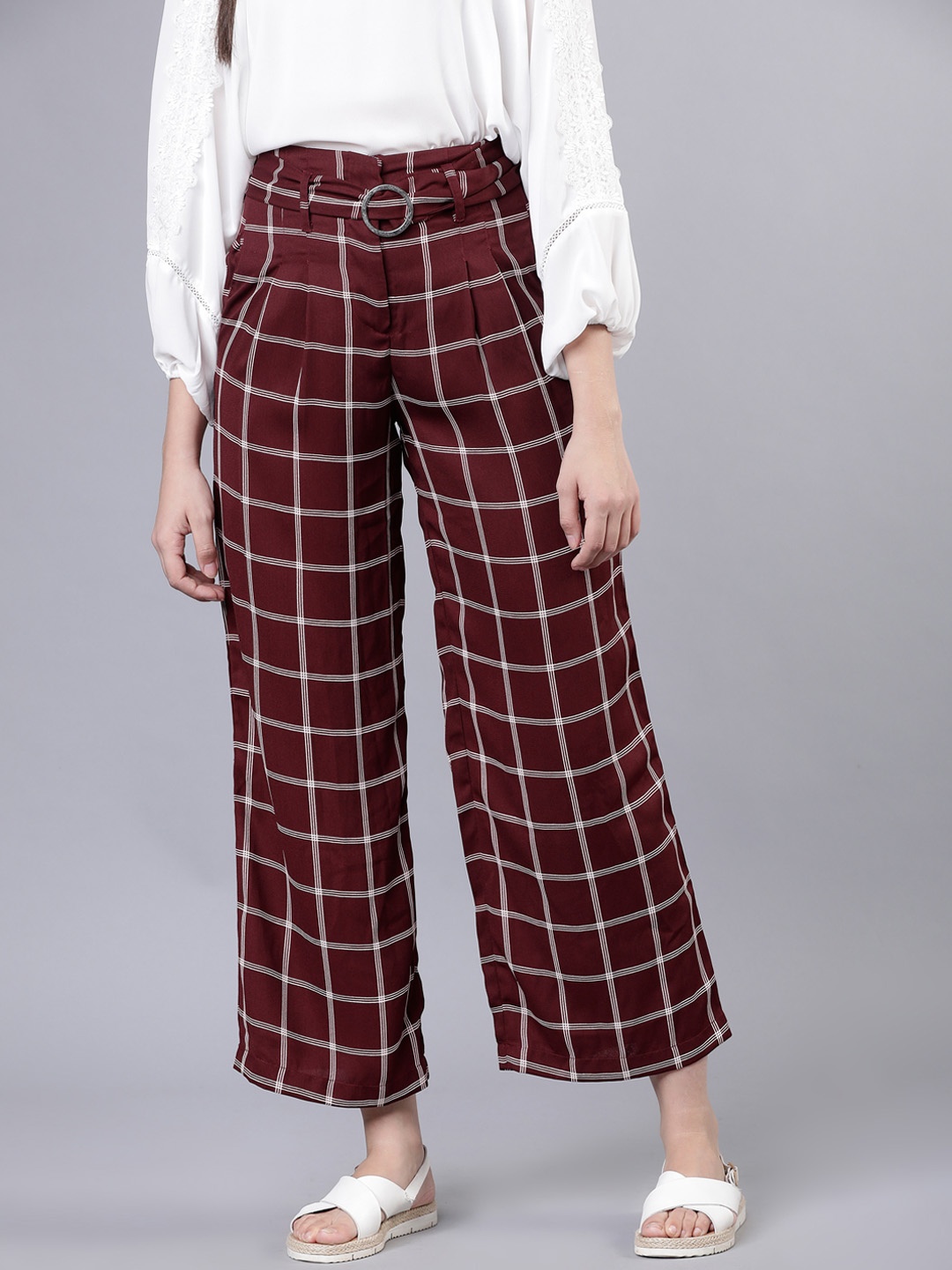 Tokyo Talkies Women Burgundy & White Checked Straight Palazzos