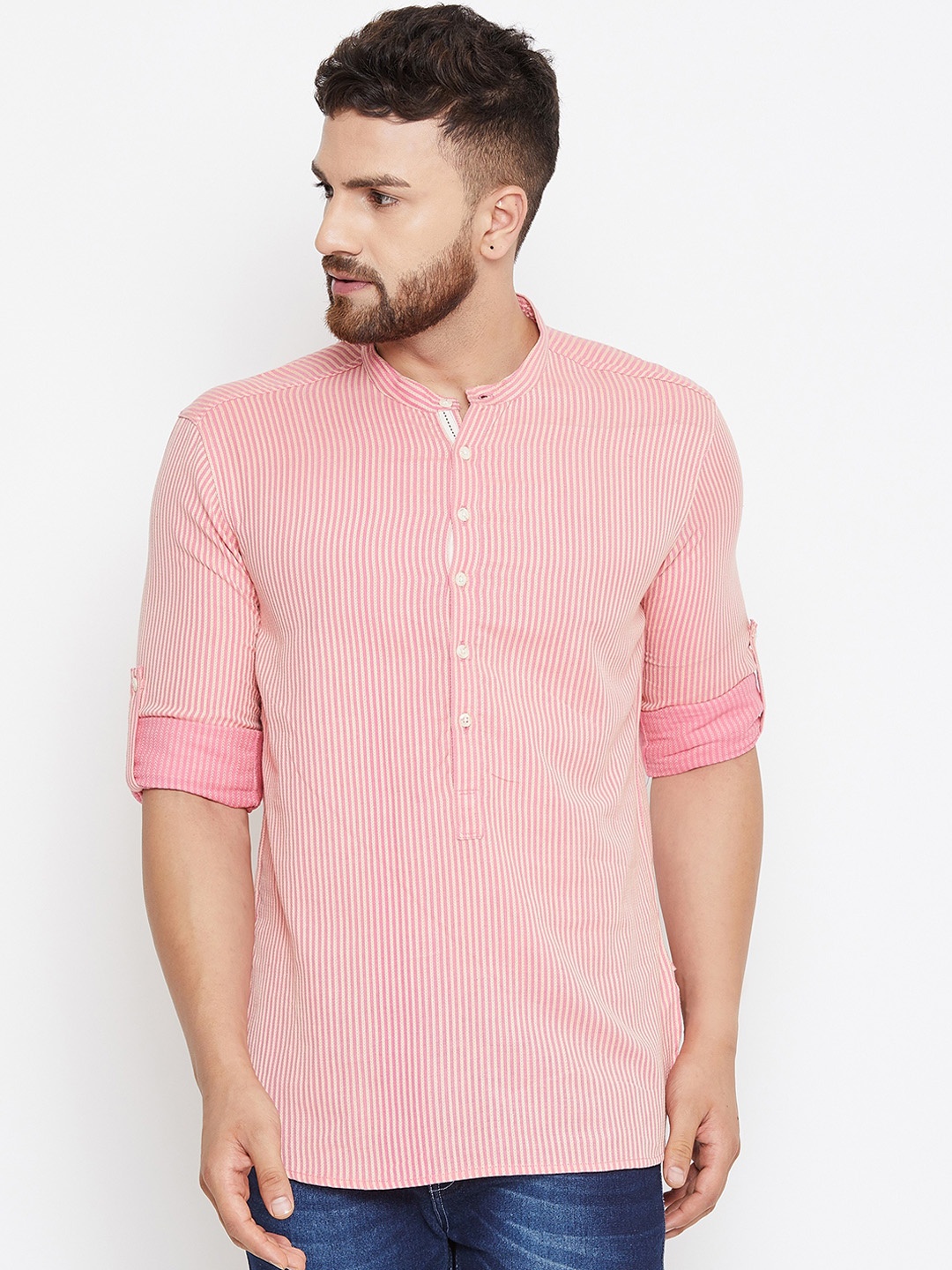 even Men Pink & Off-White Striped Straight Kurta