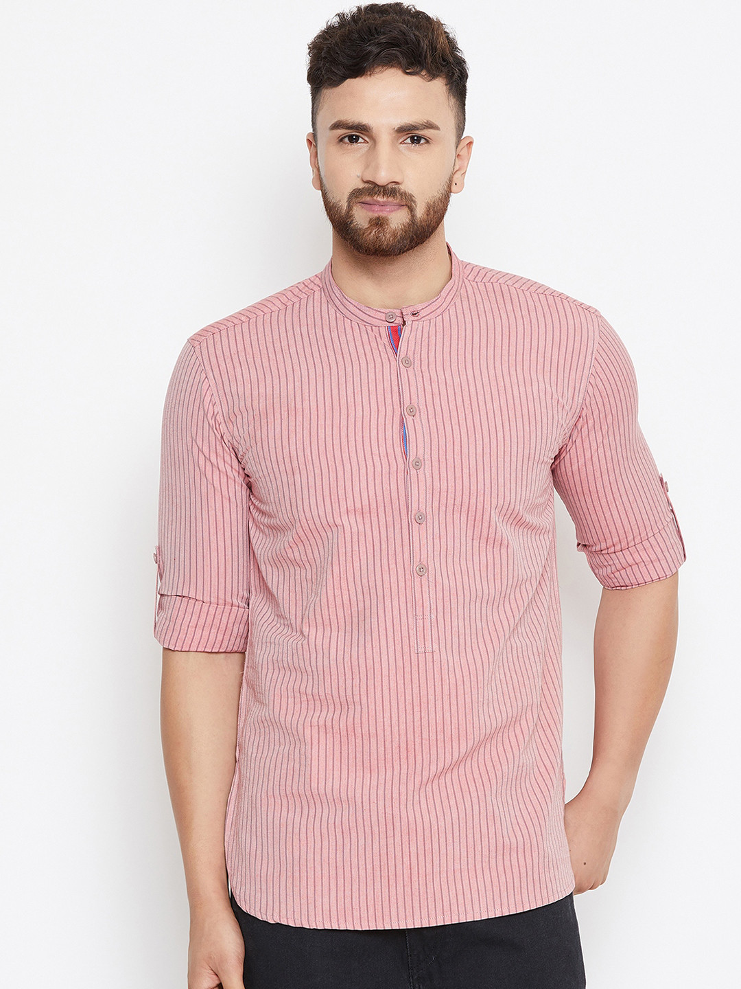 

even Men Red Striped Straight Kurta