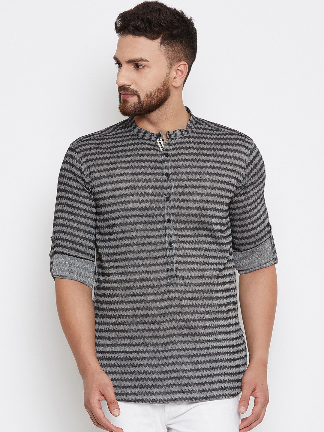 even Men Grey Striped Straight Kurta