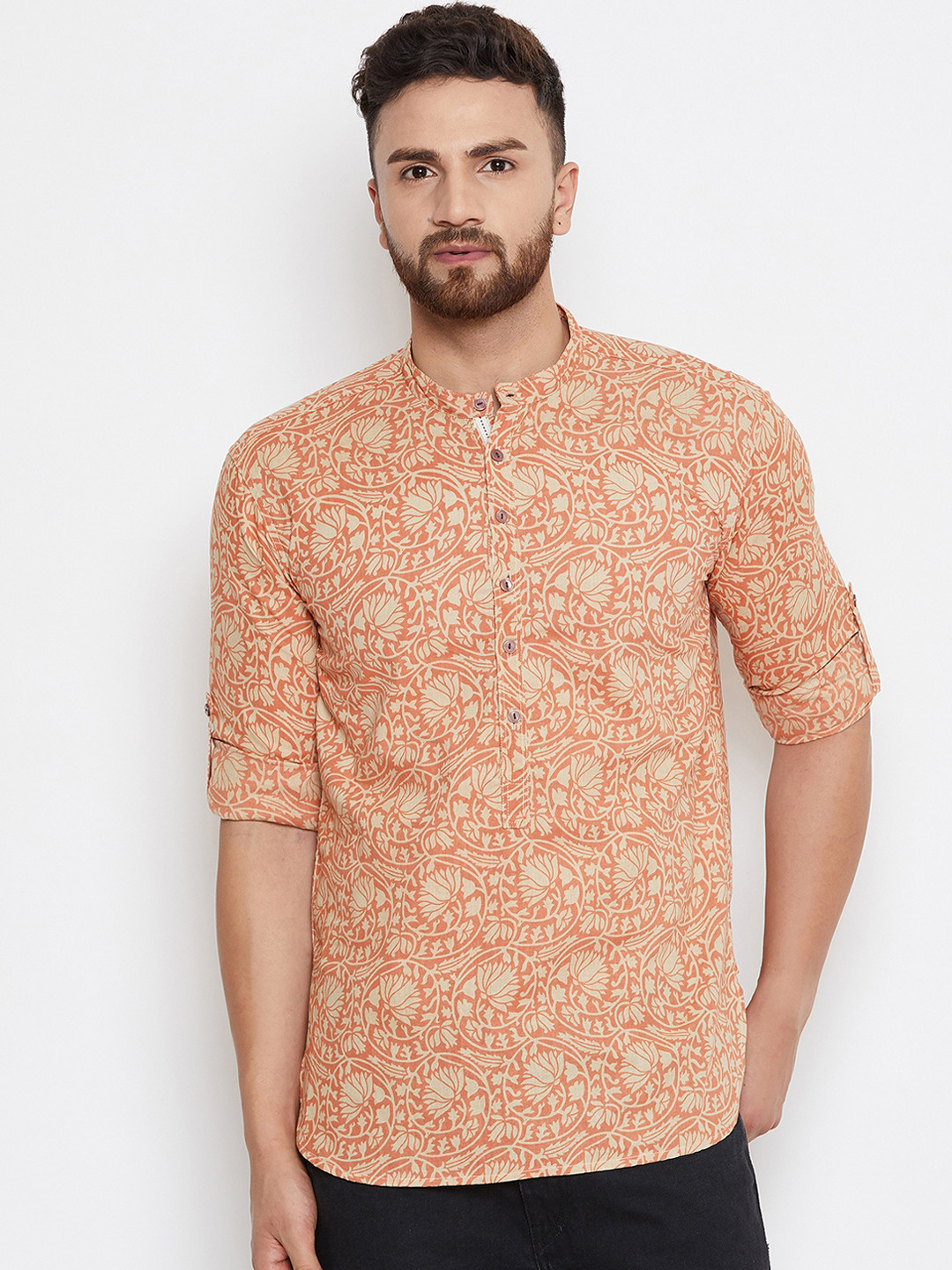 

even Men Orange Printed Straight Kurta