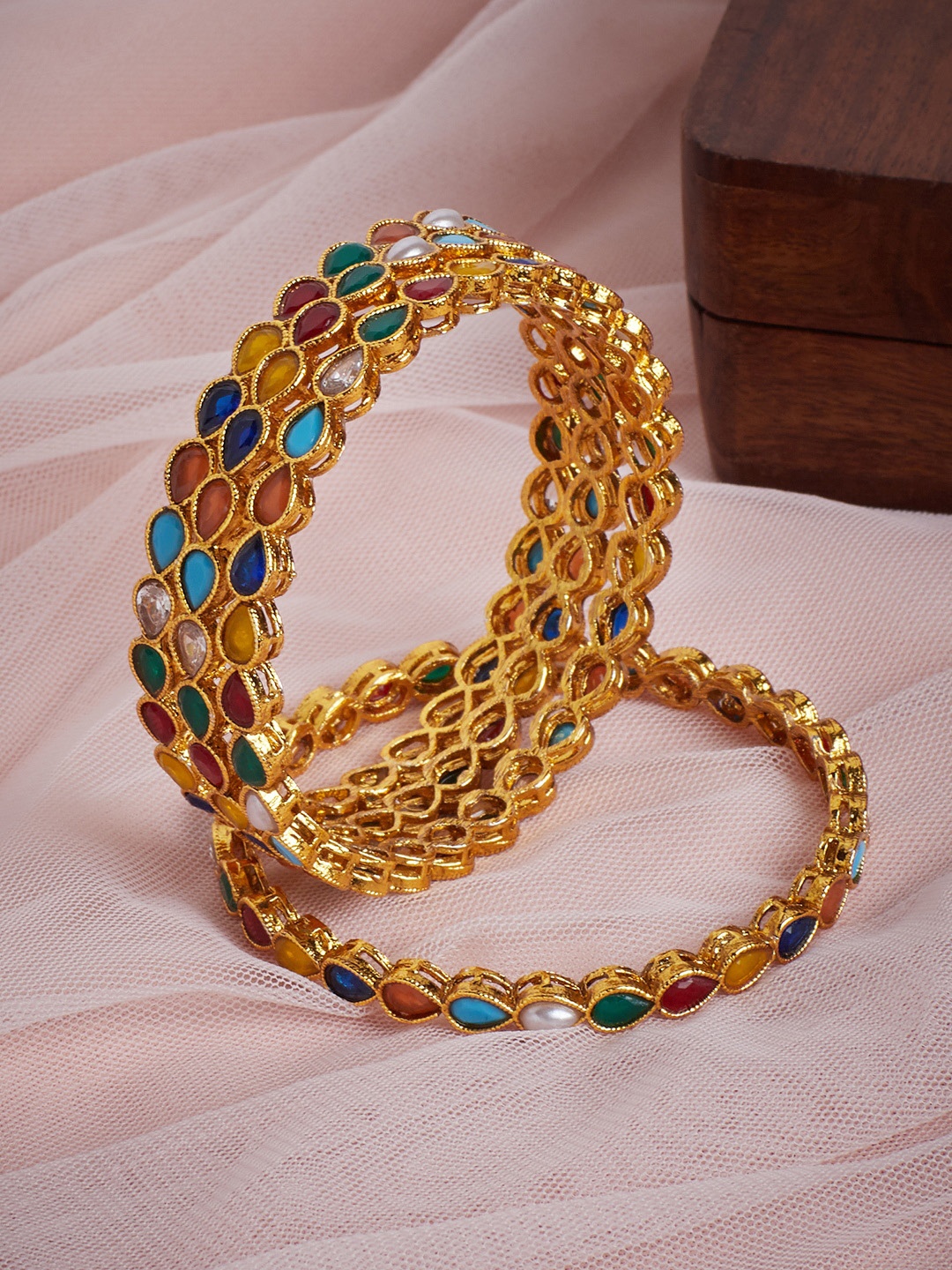 

PANASH Set of 4 Gold-Plated Multicolored Stone-Studded Bangles