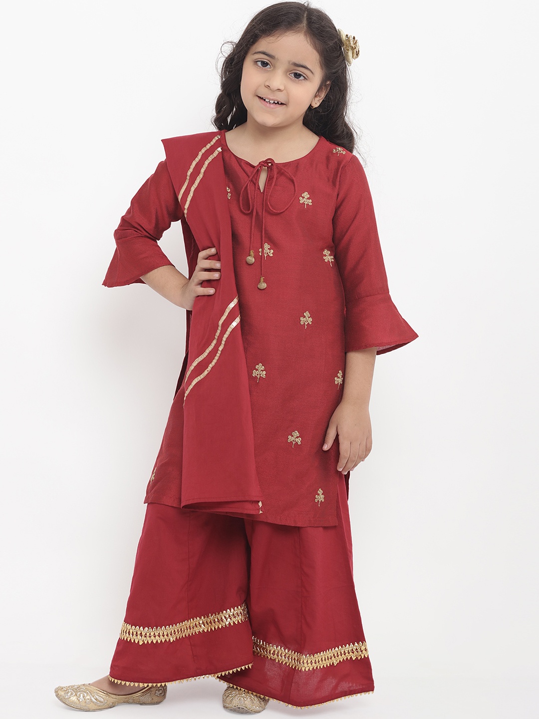 

Bitiya by Bhama Girls Maroon Embroidered Kurta with Palazzos & Dupatta