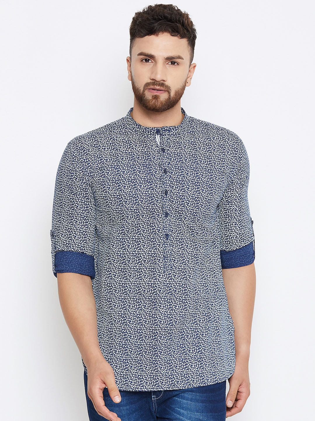 even Men Blue & Off-White Printed Straight Kurta