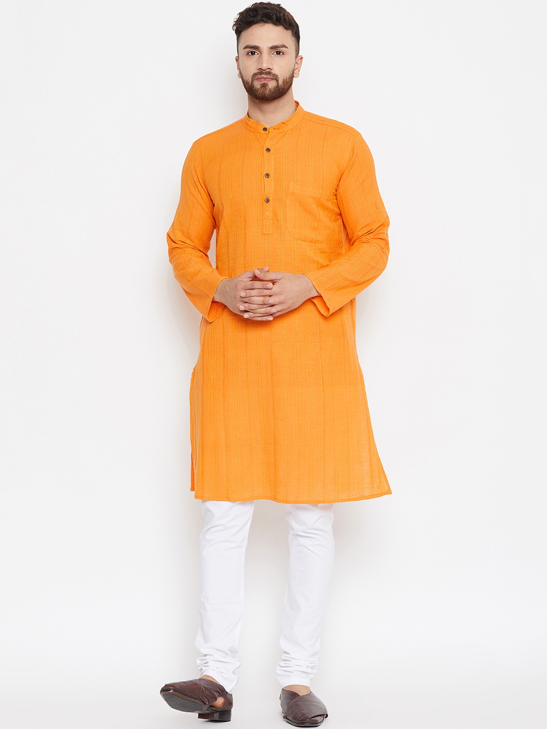 

even Men Yellow & White Self-Striped Kurta with Churidar