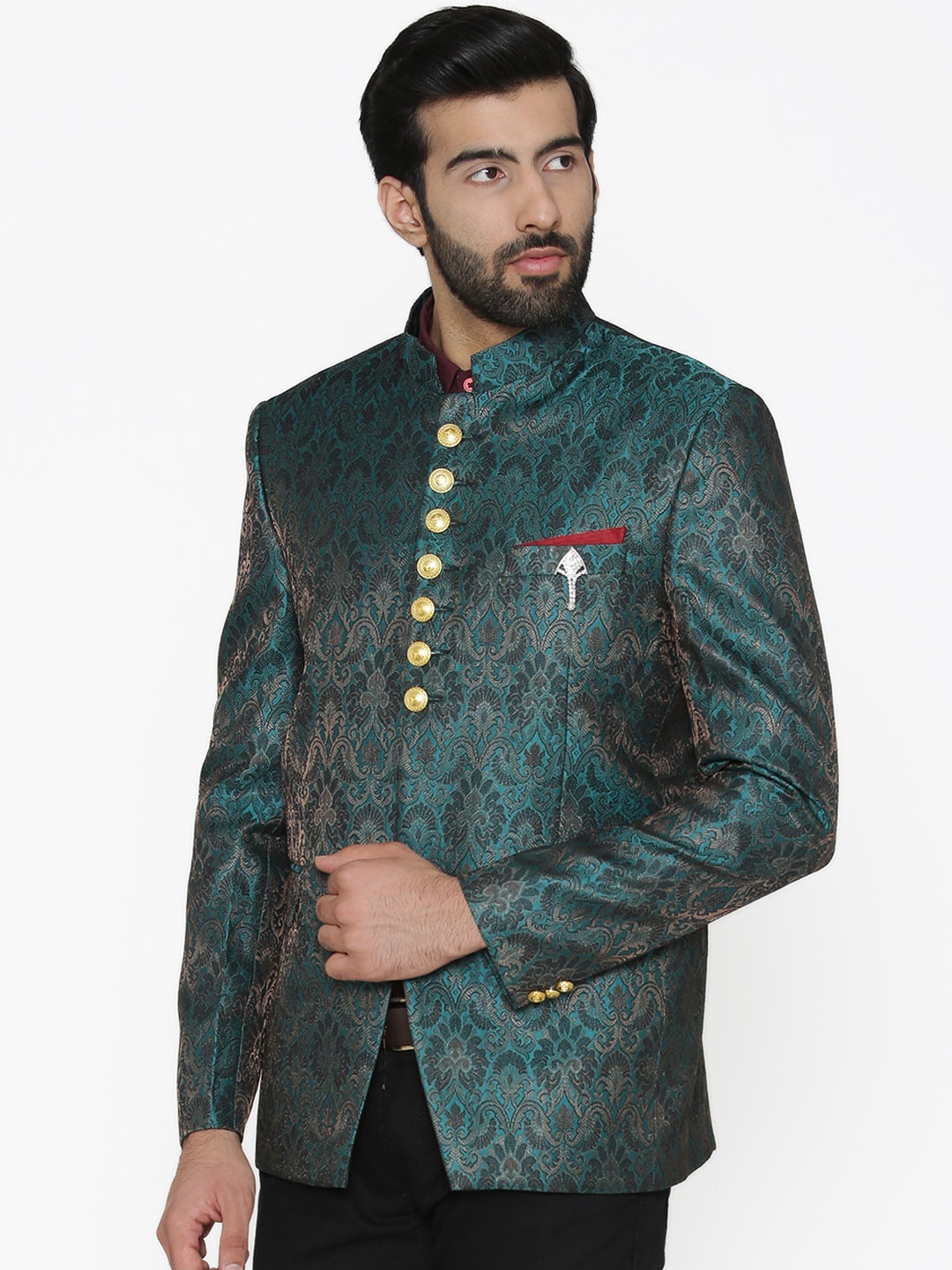 

Wintage Men Blue Self Design Tailored-Fit Bandhgala Blazer