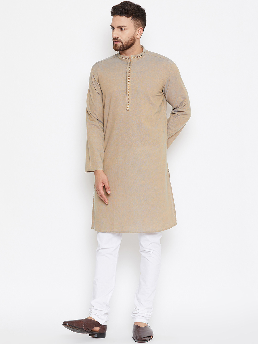 

even Men Beige & White Solid Kurta with Churidar