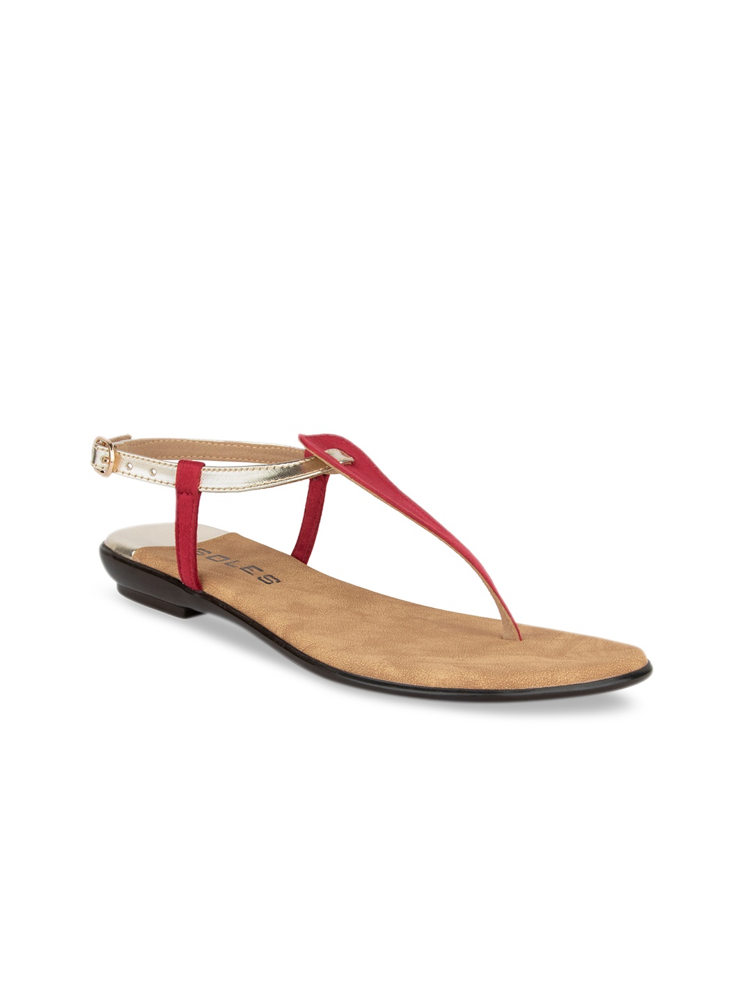 

SOLES Women Maroon Colourblocked T-Strap Flats