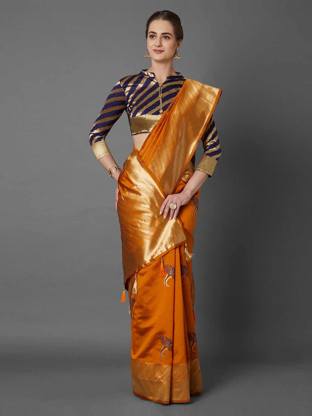 

Mitera Mustard Silk Blend Woven Design Kanjeevaram Saree