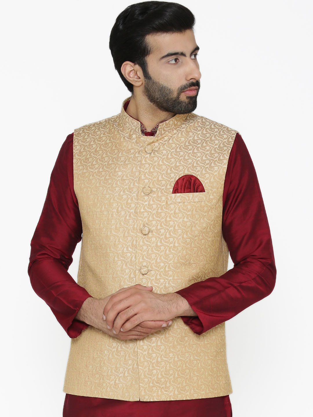 

Wintage Men Cream Printed Nehru Jacket