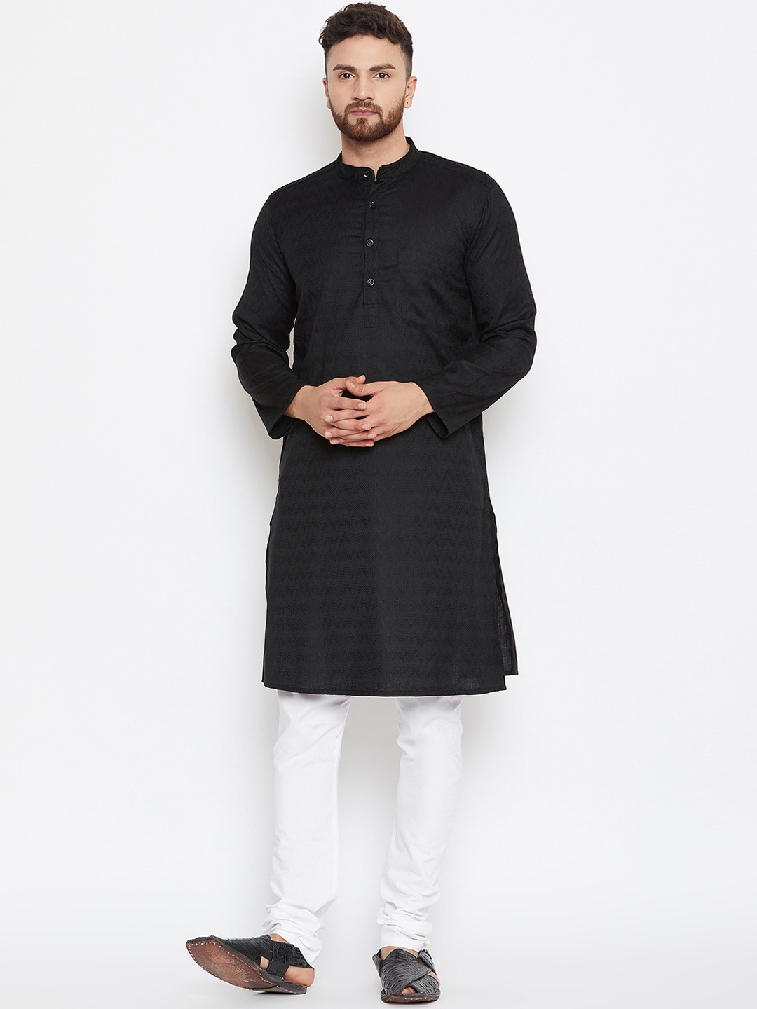 

even Men Black & White Self Design Kurta with Churidar