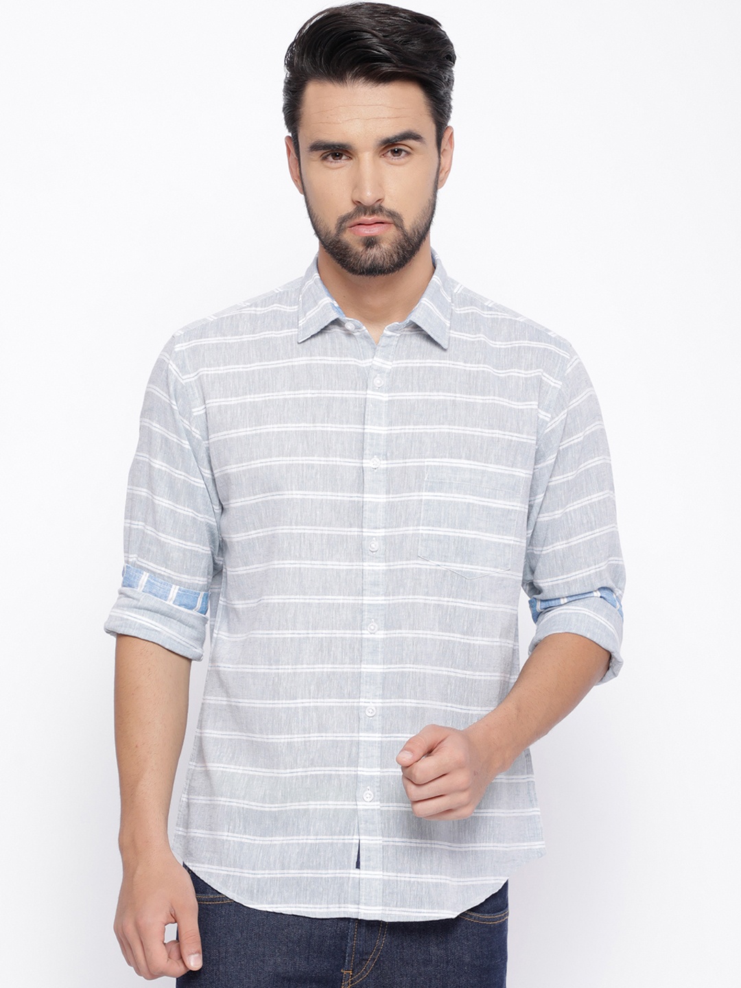 

CAVALLO by Linen Club Men Grey Linen Cotton Regular Fit Striped Casual Shirt