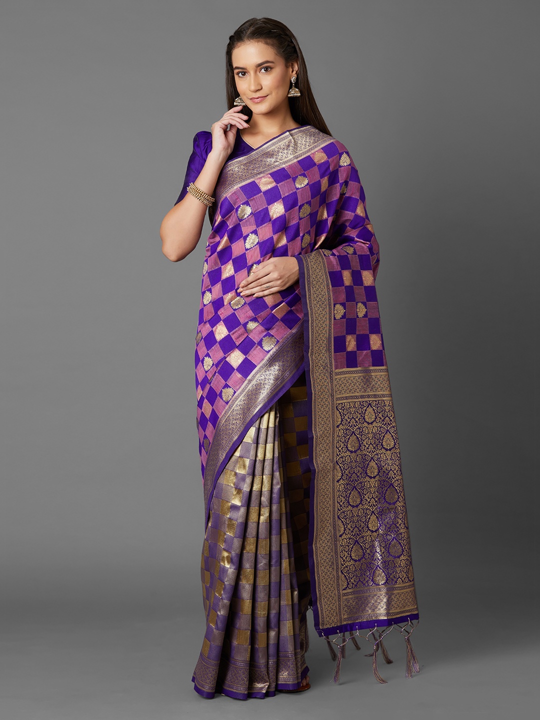 

Mitera Blue & Purple Silk Blend Woven Design Kanjeevaram Saree