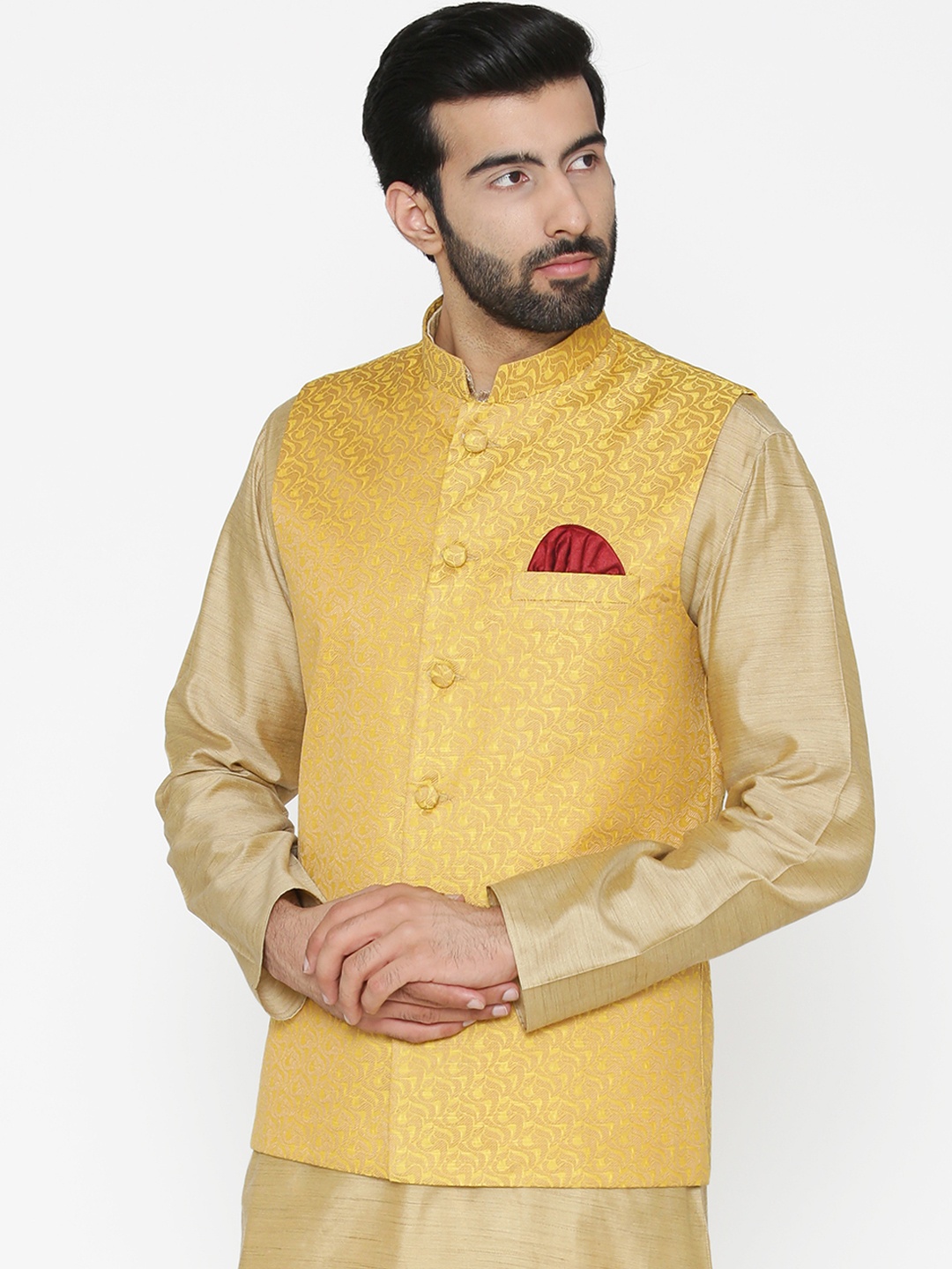 

Wintage Men Yellow & Gold-Toned Self-Design Nehru Jacket
