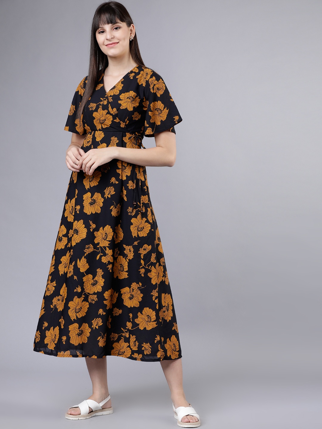 

Tokyo Talkies Women Black & Brown Floral Print Wrap Dress