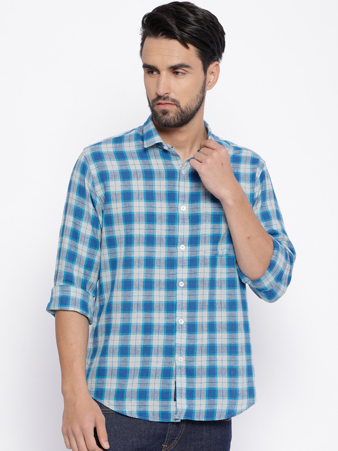 

CAVALLO by Linen Club Men Linen Cotton Blue & Grey Regular Fit Checked Casual Shirt