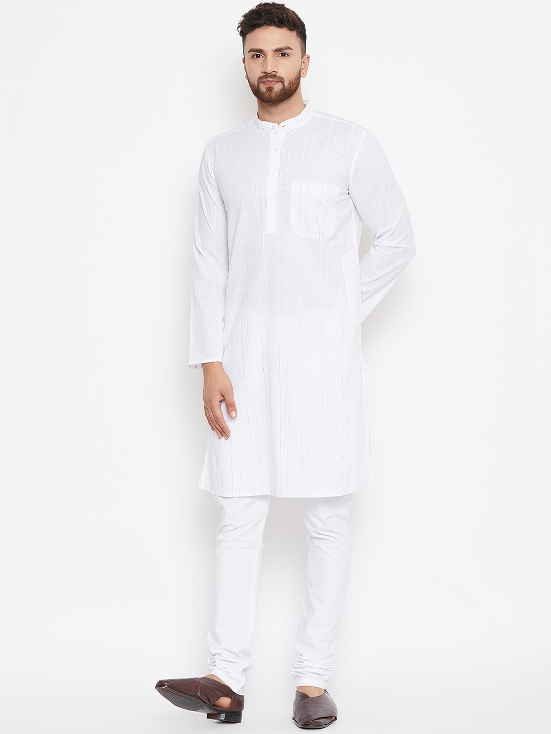 

even Men White Self-Striped Kurta with Churidar