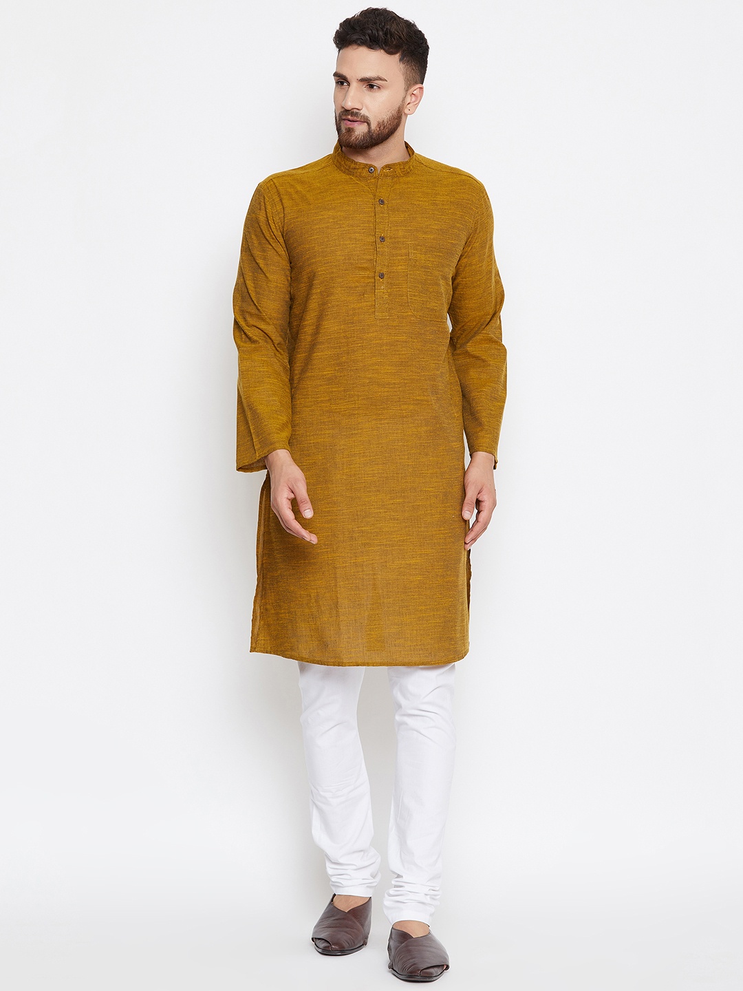 

even Men Mustard Yellow & White Solid Kurta with Churidar