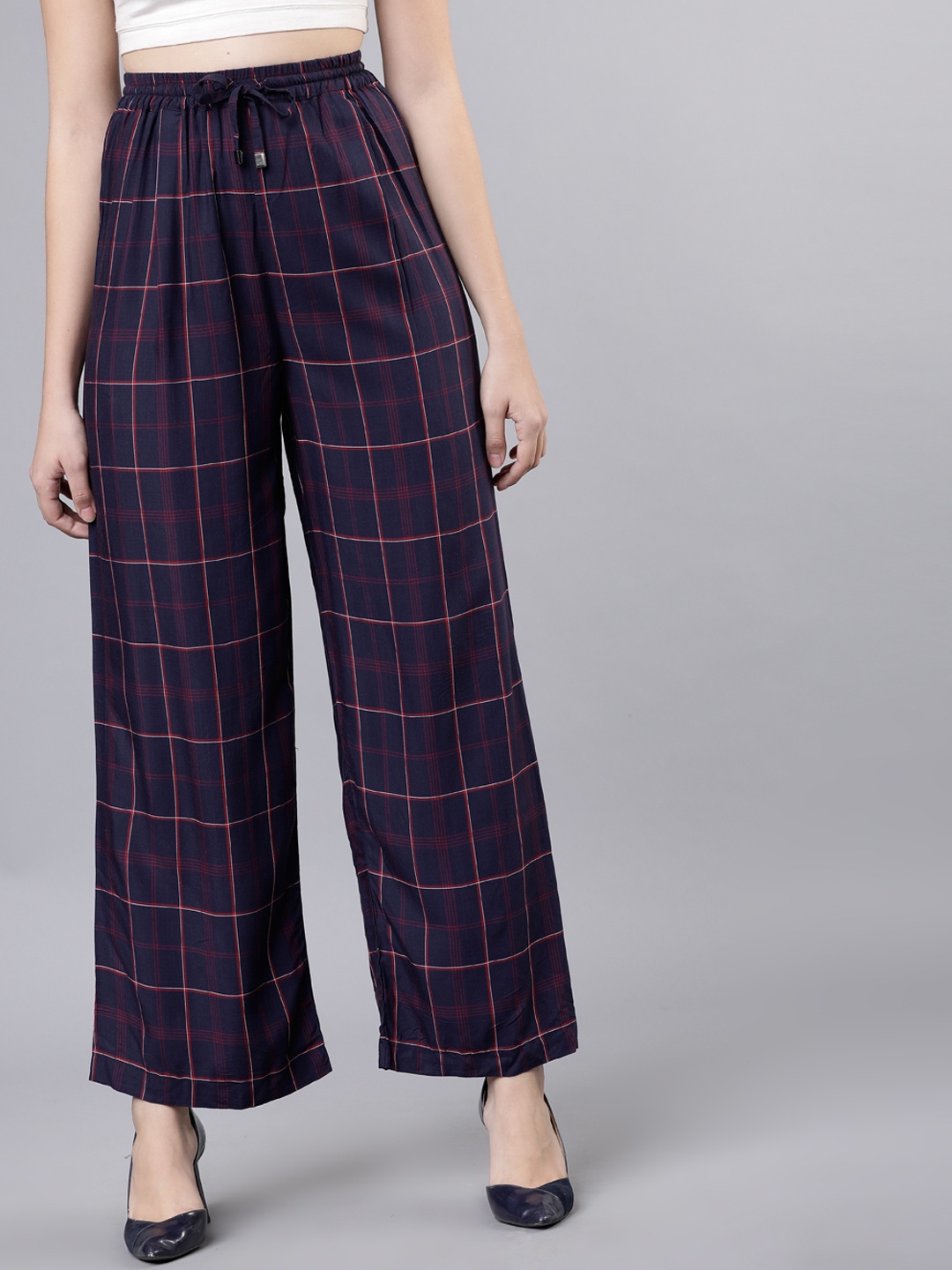 

Tokyo Talkies Women Navy Blue & Red Regular Fit Checked Parallel Trousers