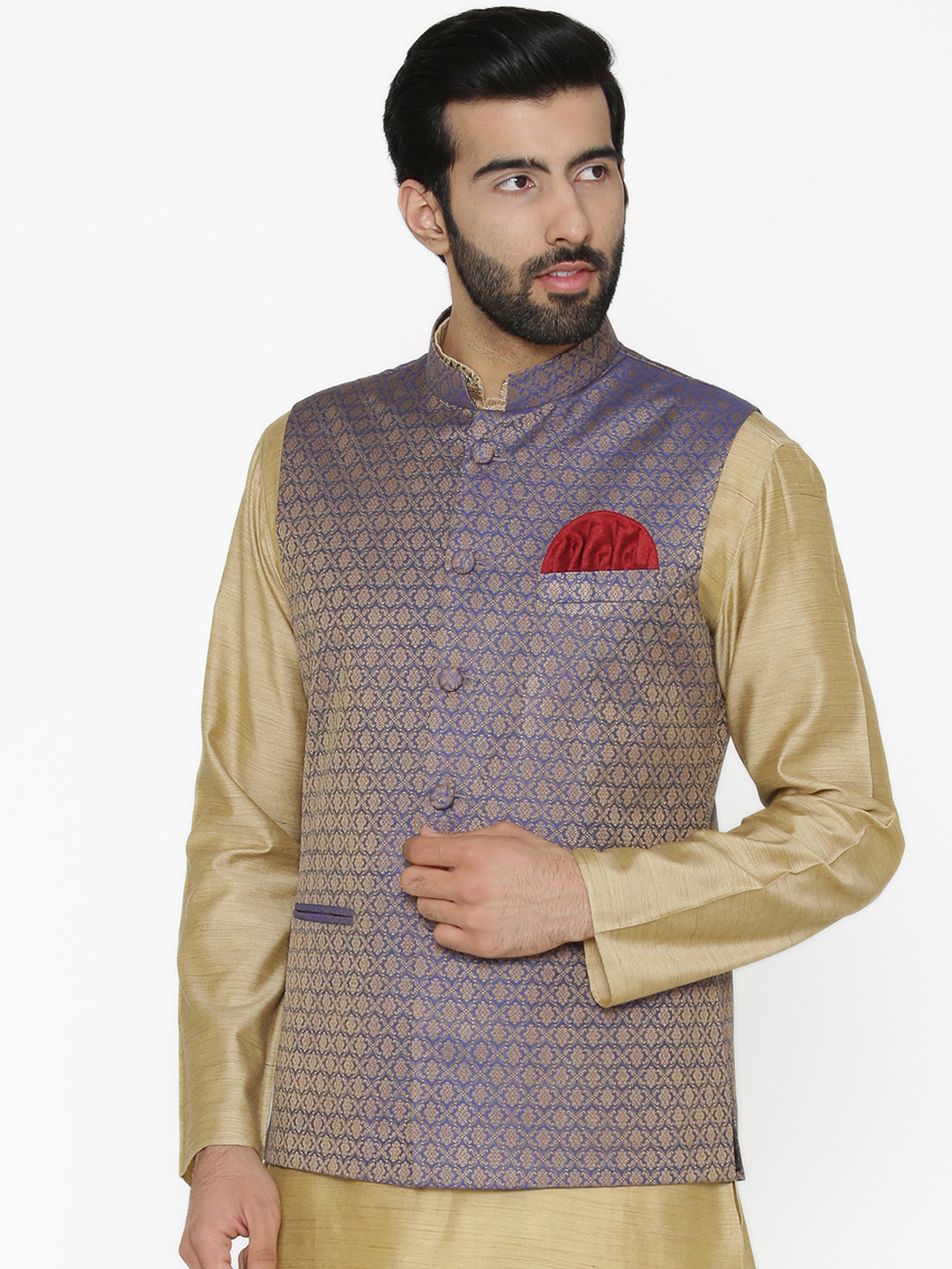

Wintage Men Purple & Gold-Coloured Woven Design Nehru Jacket