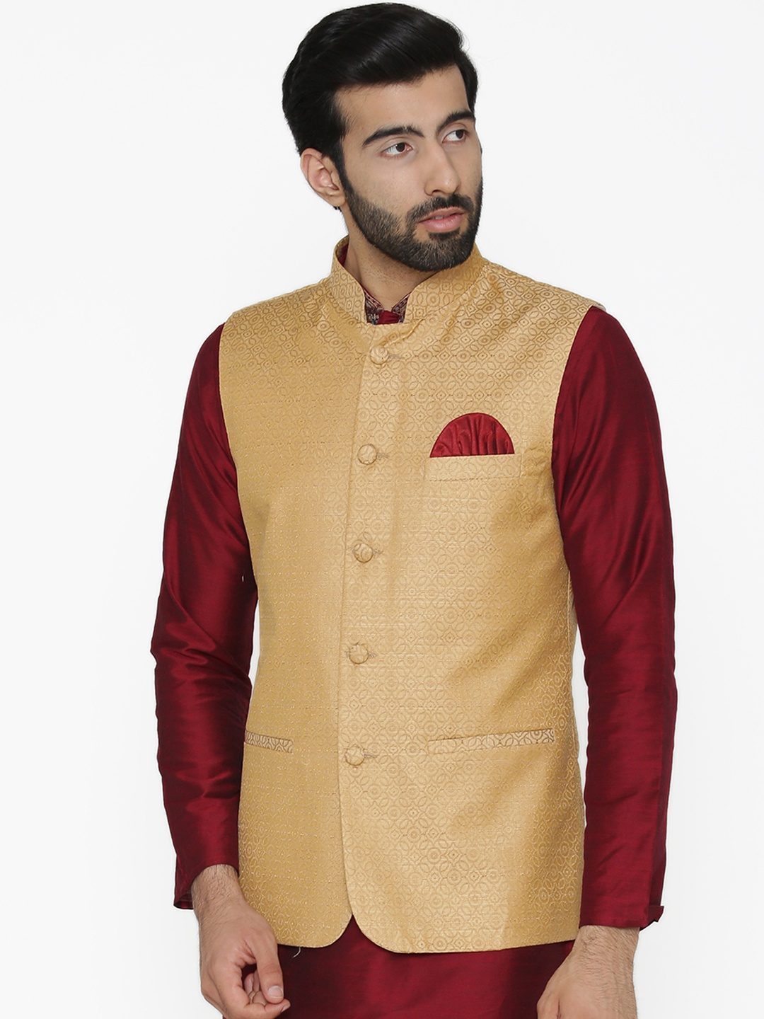 

Wintage Men Gold-Coloured Woven Design Nehru Jacket