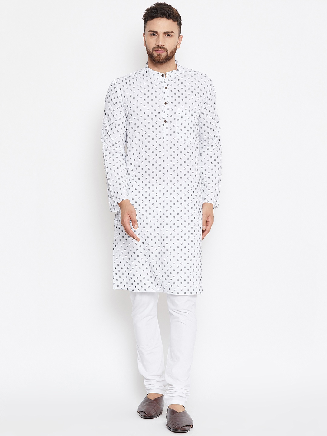 

even Men White & Black Printed Kurta with Churidar