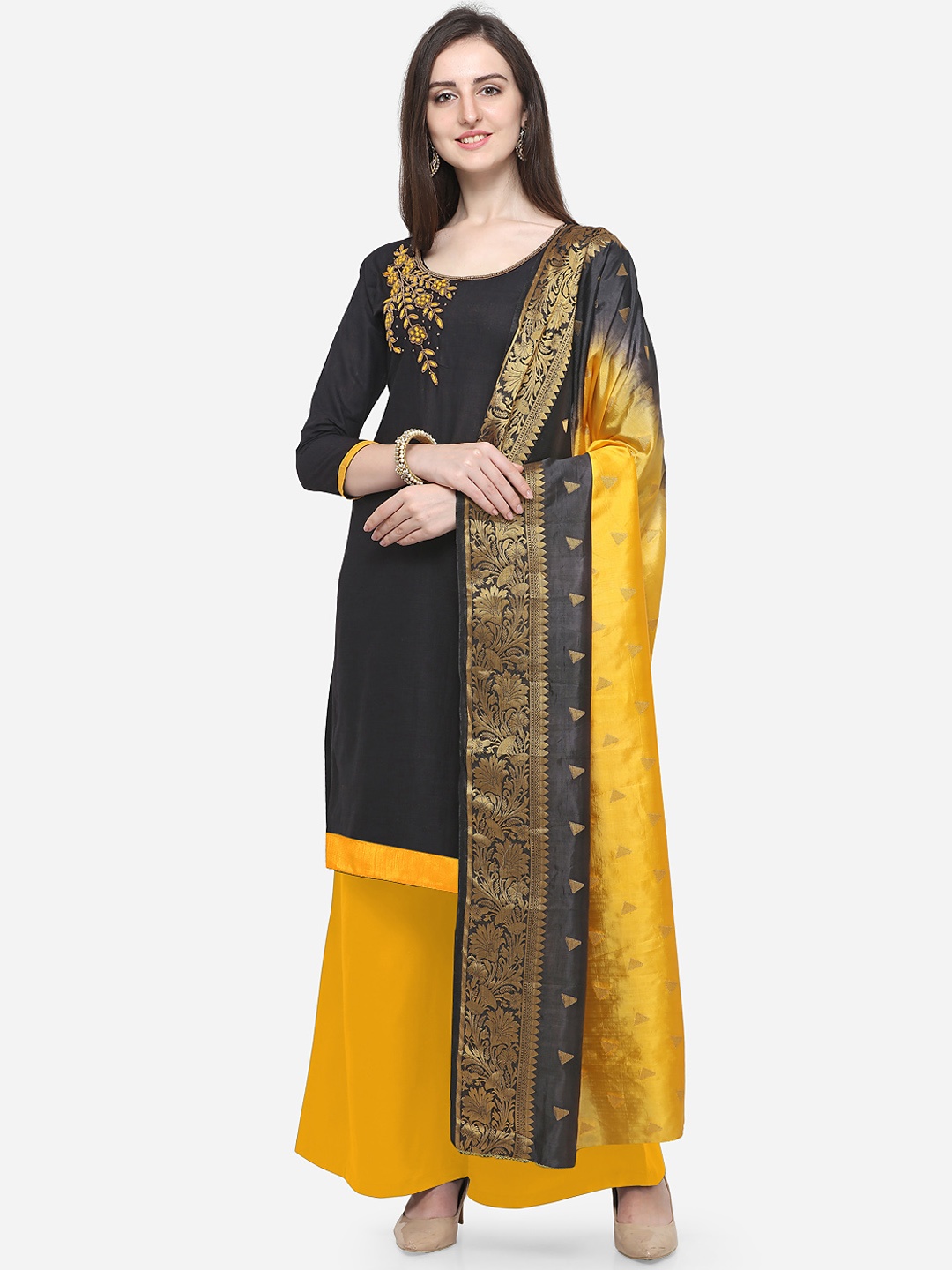 

Blissta Black & Yellow Cotton Blend Unstitched Dress Material