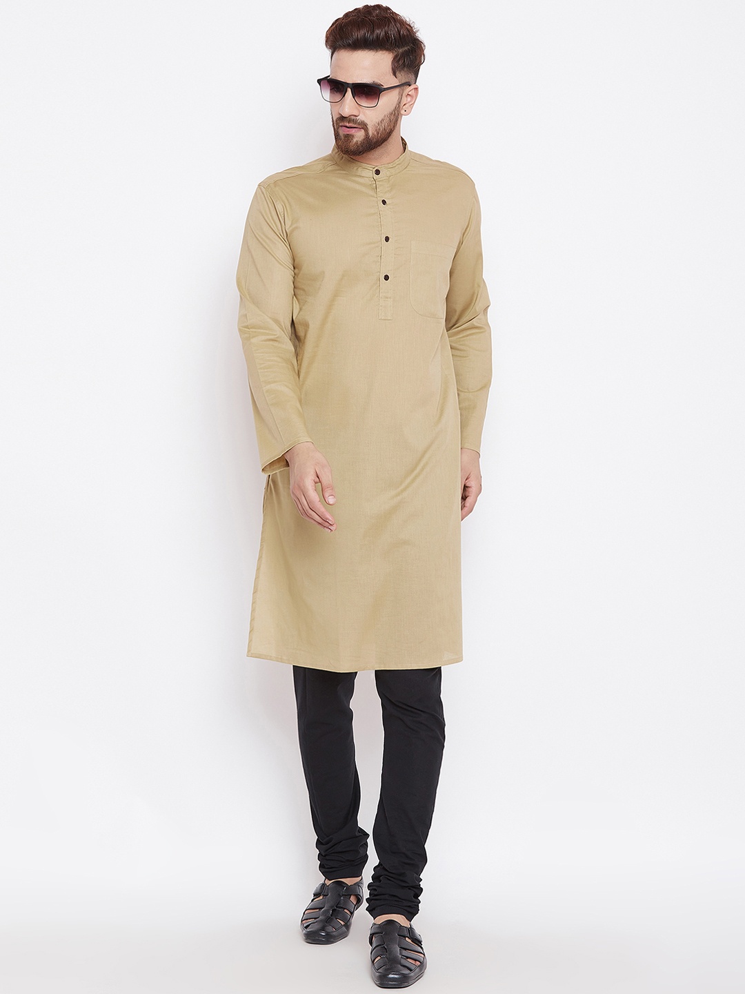 even Men Beige & Black Solid Kurta with Churidar