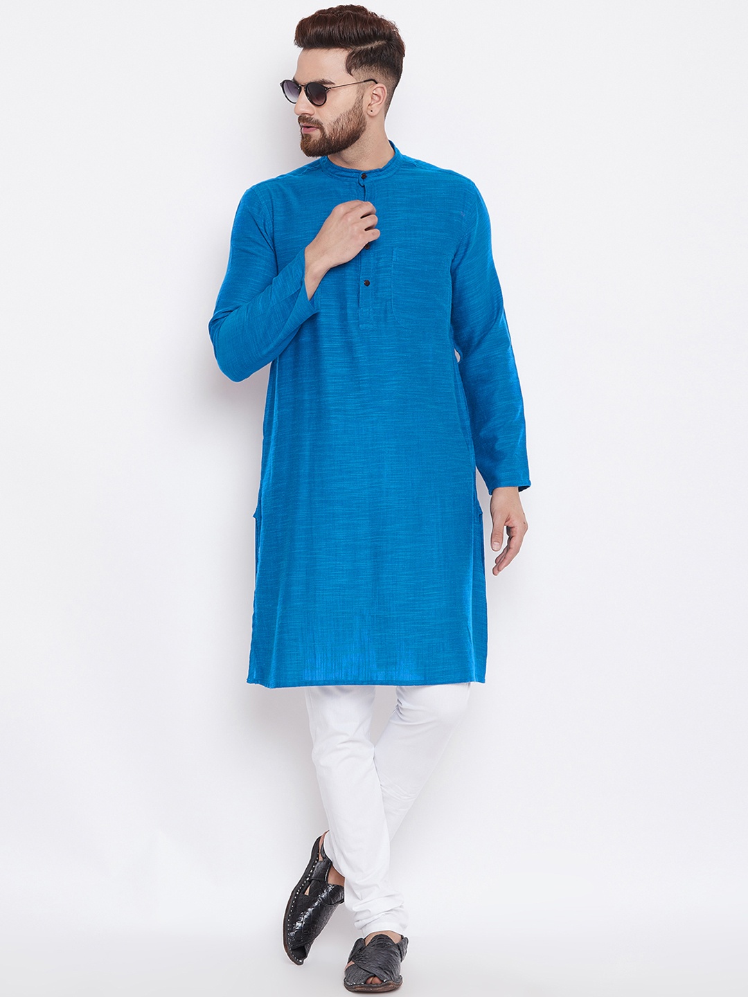 even Men Blue Solid Kurta with Churidar