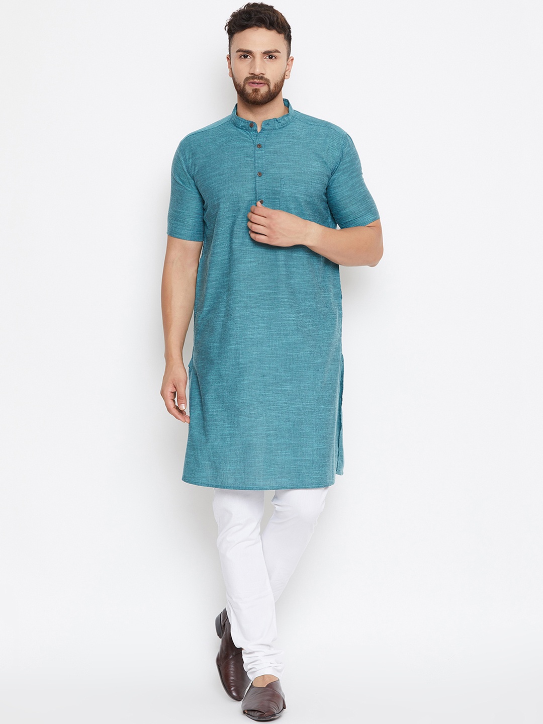 

even Men Teal Blue & White Solid Kurta with Churidar
