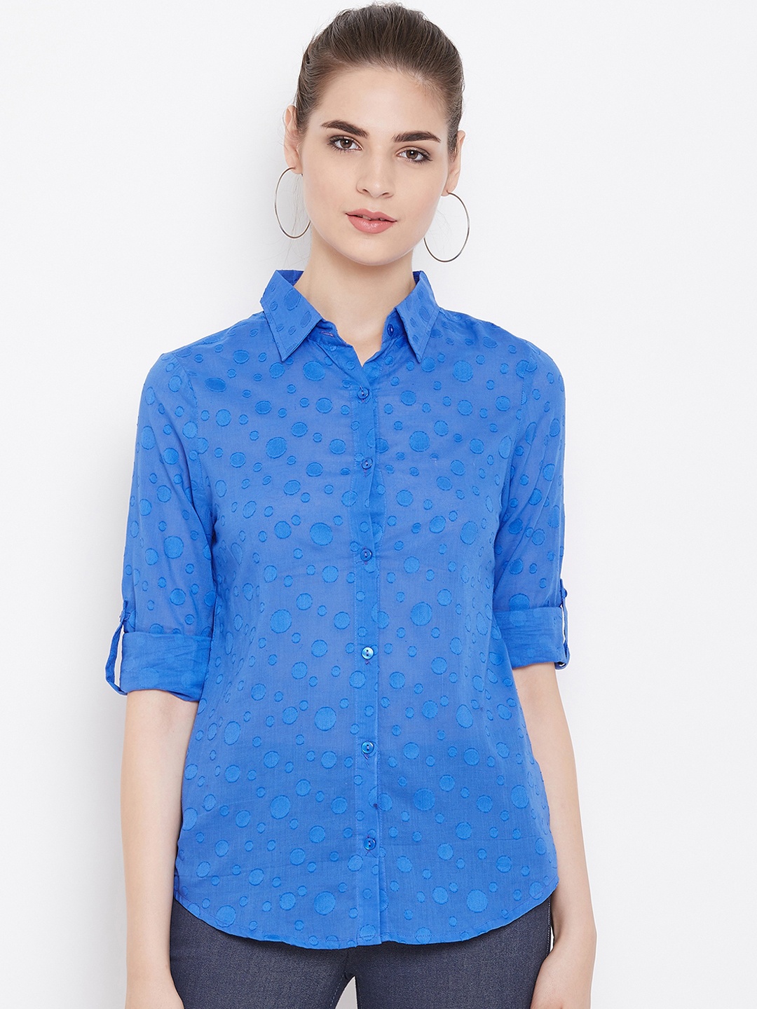 

Ruhaans Women Blue Classic Regular Fit Self Design Casual Shirt