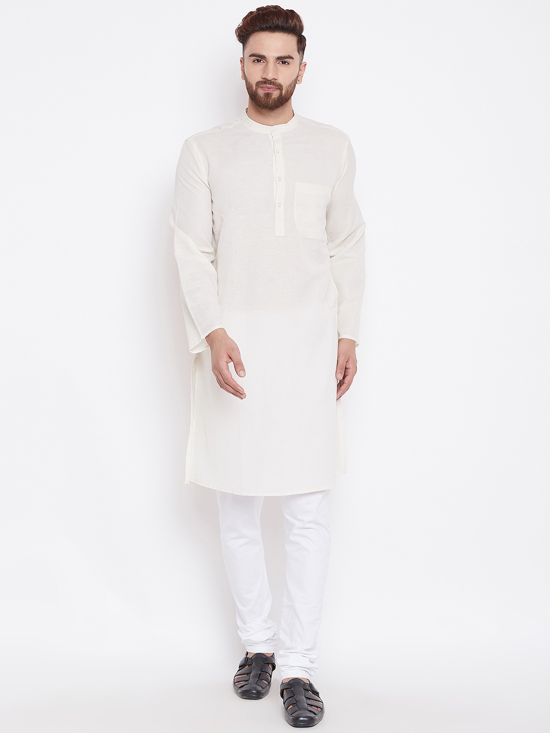 

even Men Cream-Coloured Solid Kurta with Churidar