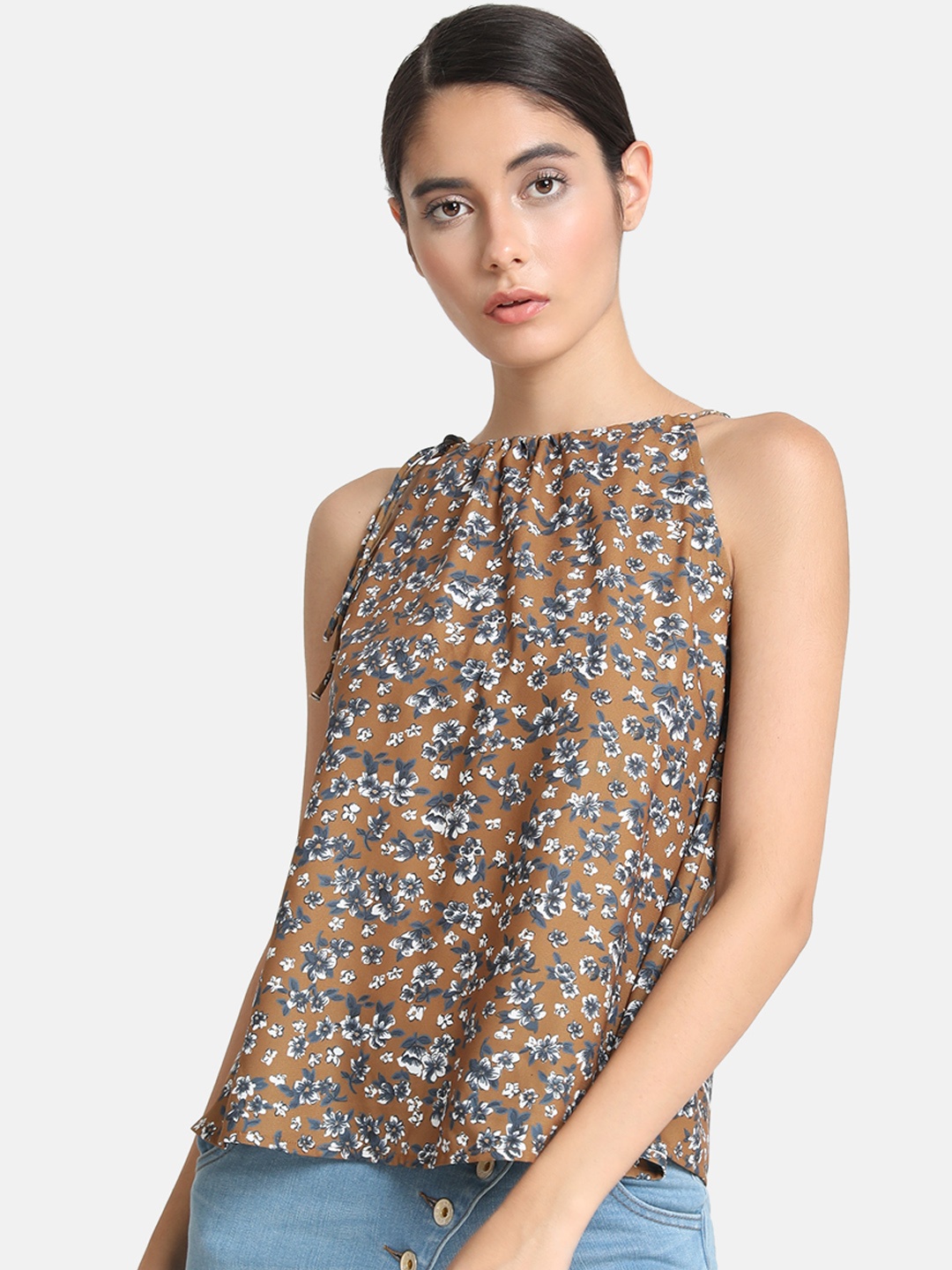 

Kazo Women Brown & White Floral Printed A-Line Top