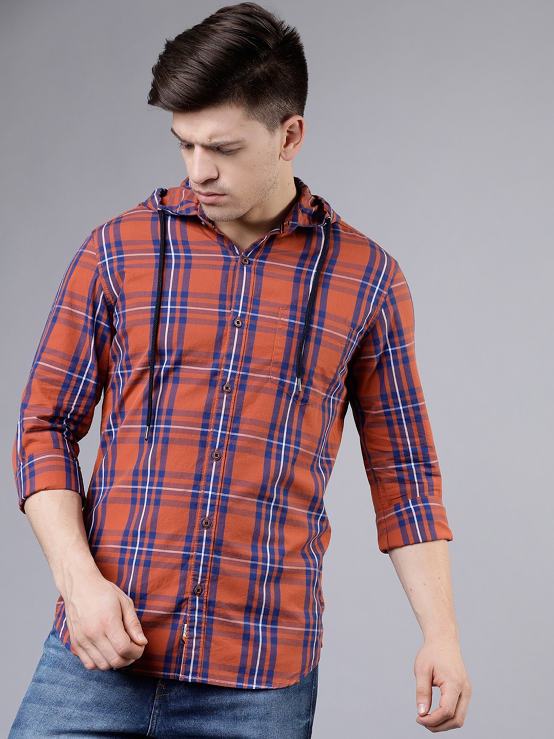 LOCOMOTIVE Men Rust Orange & Navy Blue Slim Fit Checked Hooded Casual Shirt