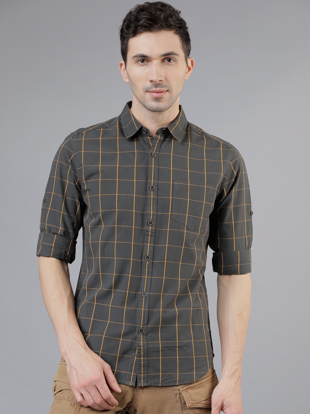 

LOCOMOTIVE Men Olive Brown & Mustard Yellow Slim Fit Checked Casual Shirt