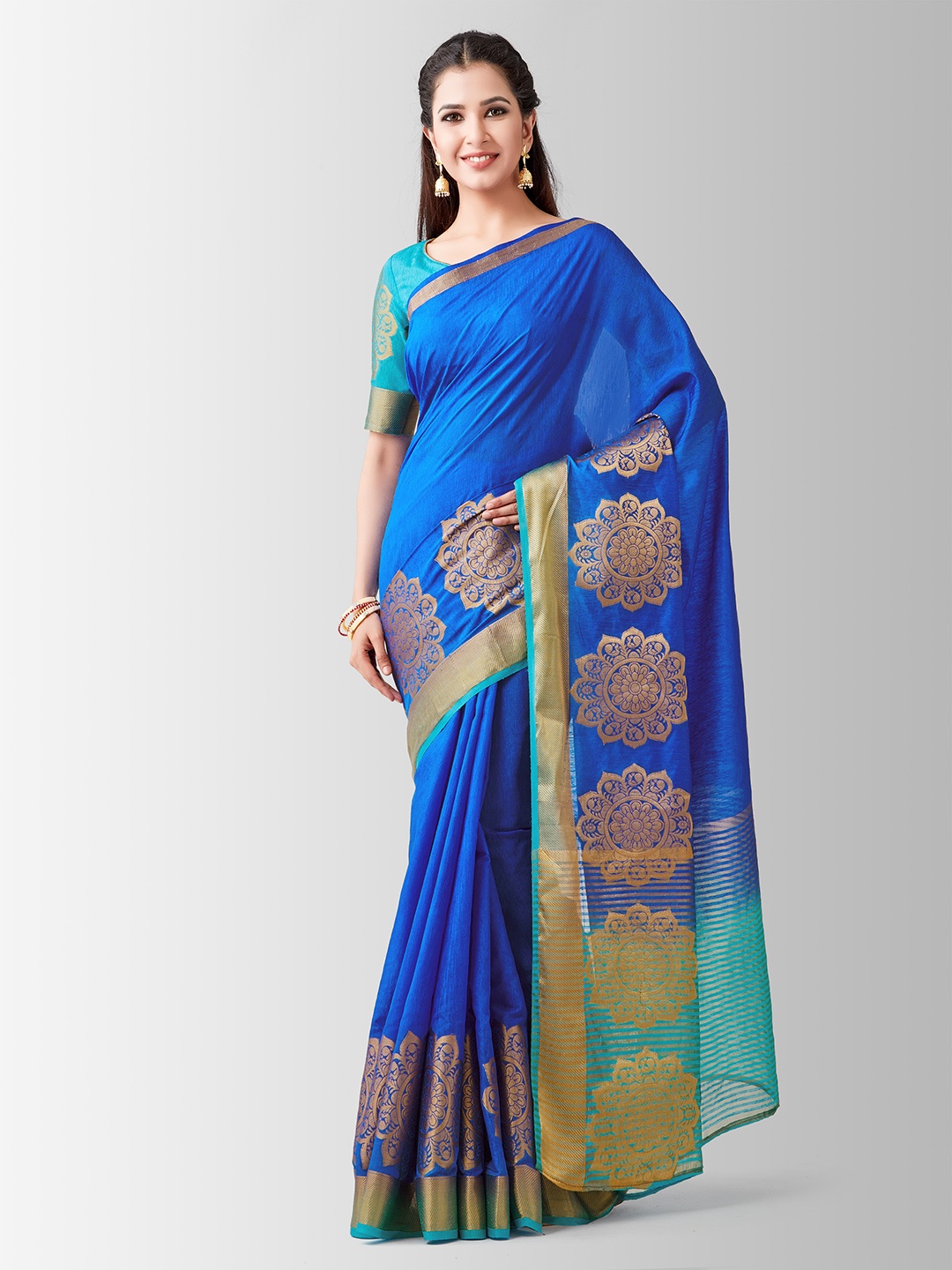 

MIMOSA Blue & Turquoise Blue Linen Blend Woven Design Kanjeevaram Saree