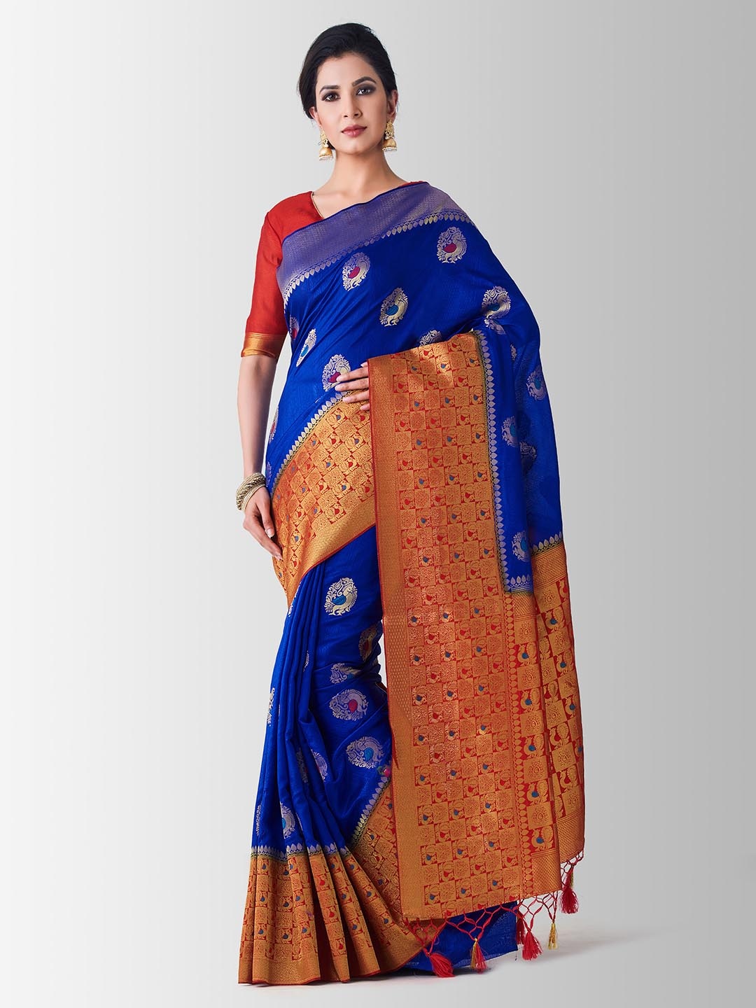 

MIMOSA Blue & Red Art Silk Woven Design Kanjeevaram Saree