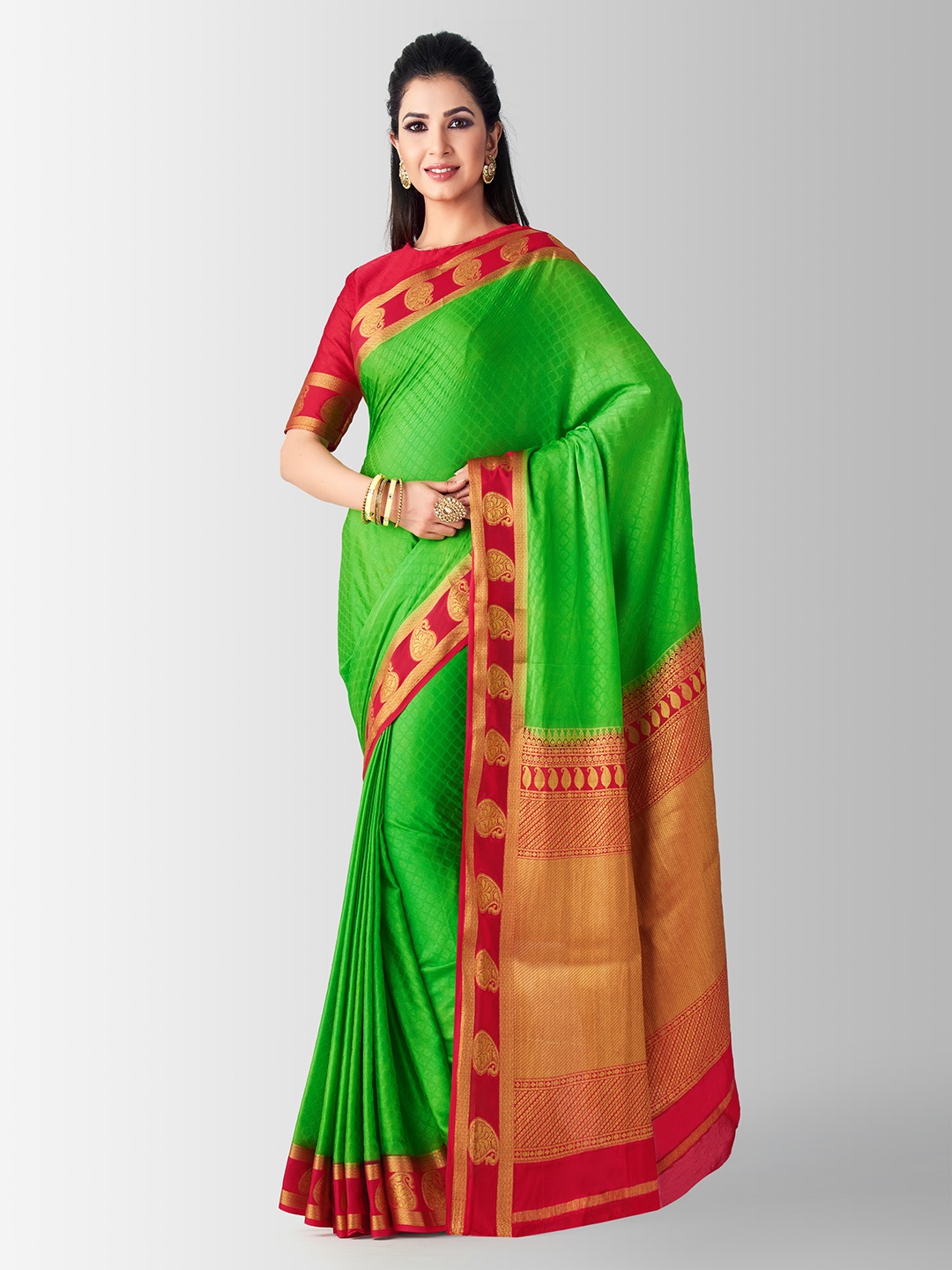 

MIMOSA Green & Red Poly Crepe Woven Design Kanjeevaram Saree